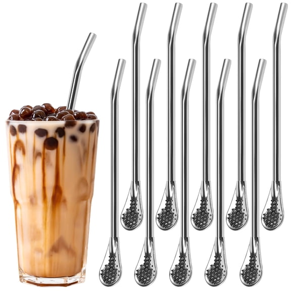 Lzvxtym 10Pcs Straws Spoon Stainless Steel Straw Spoon 7.2 Inch Yerba Mate Tea Drinking Straws Filtered Spoons Drinking for Travel Cup Mate Beach