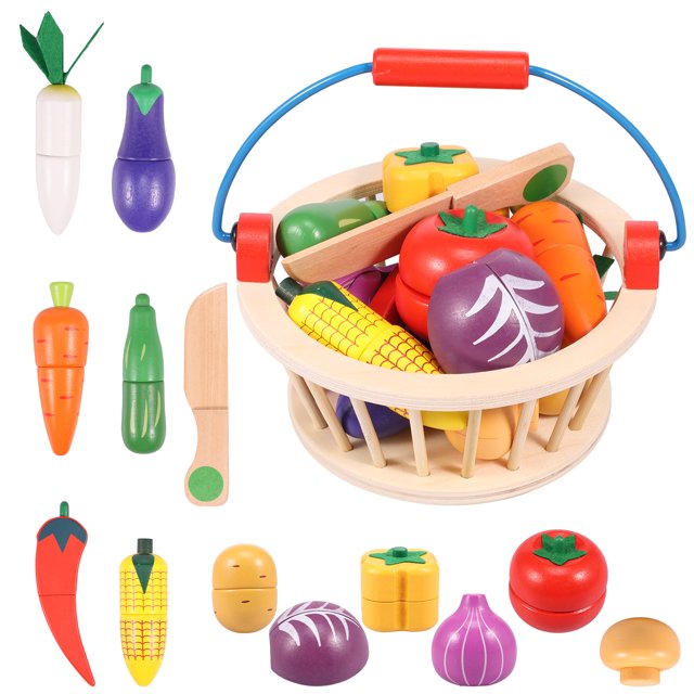 Lzvxtym 14Pcs Cutting Food Toy Set Wooden Play Food Set Montessori