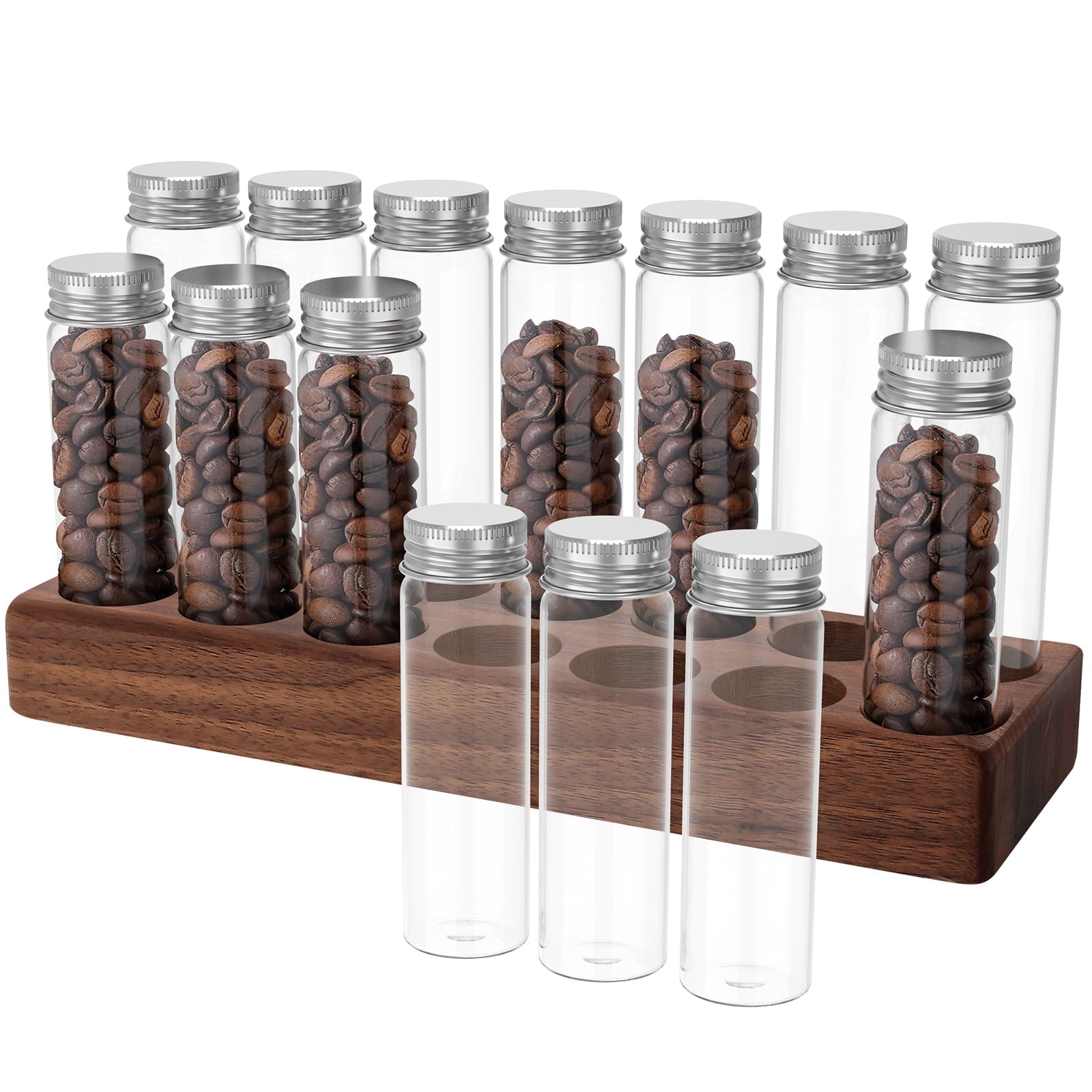 Watchget Single Dose Coffee Storage Tubes With Stand – 14 Glass & Aluminum Tubes, One-Way Valve, Compact Coffee Bean Cellar
