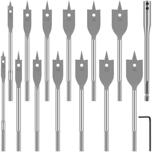 Lzvxtym 15Pcs Spade Drill Bit Set 6mm-25mm Carbon Steel Paddle Flat Bit Set with Connection Rod and Wrench High Hardness Wood Hole Cutter Bit Assortment for Woodworking Drilling