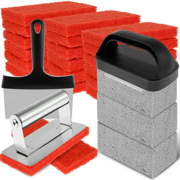 Lzvxtym 26Pcs Griddle Cleaning Kit, Practical Flat Top Grill Cleaner Kit with Handle Scouring Pads Griddle Scraper and Pumice Stone Multifunctional Blackstone Cleaning Kit