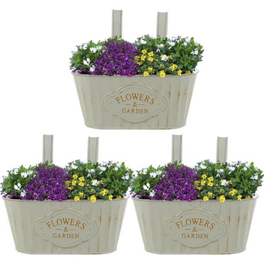 Keyohome 3Pcs Hanging Flower Pots,Metal Wall Planter,Iron Bucket Planter for Indoor Outdoor Railing Fence Balcony Garden Home Decoration with Drainage Rustproof and Detachable Hooks,Off-White