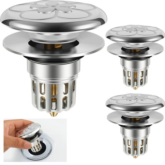 Lzvxtym 3Pcs Universal Bathroom Sink Stopper, Pop Up Sink Drain Stopper with Drain Hole Stainless Steel Sink Drain Strainer for 34 to 40mm Drain Holes