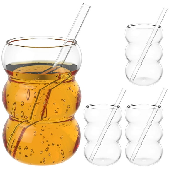 Lzvxtym 4 Pcs 18oz Drinking Water Glasses, Drinking Glasses with Glass Straws Bubble Glass Cups Vintage Ribbed Glassware for Cocktail