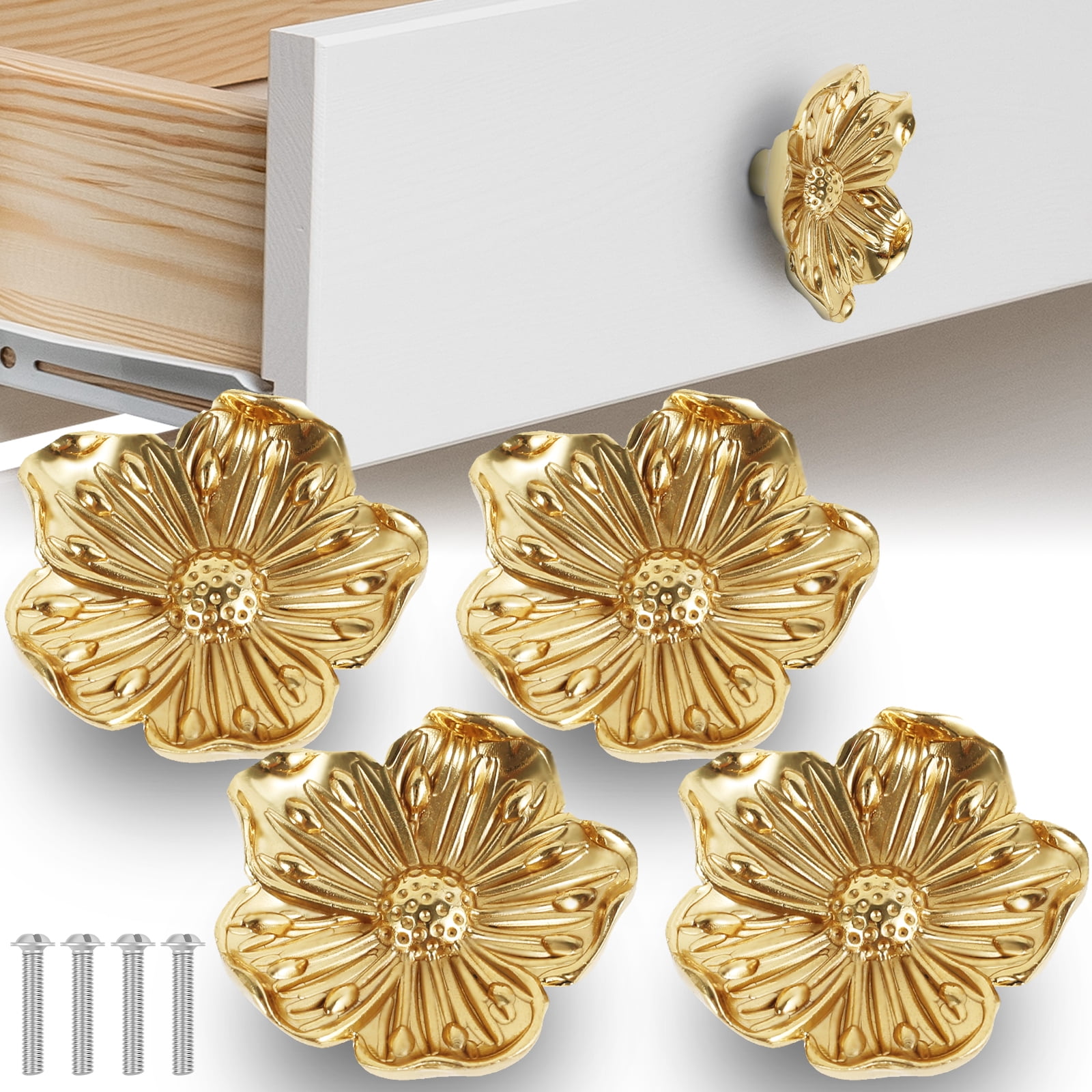 Gold Flower Brass Cabinet Knobs with Mounting Hardware