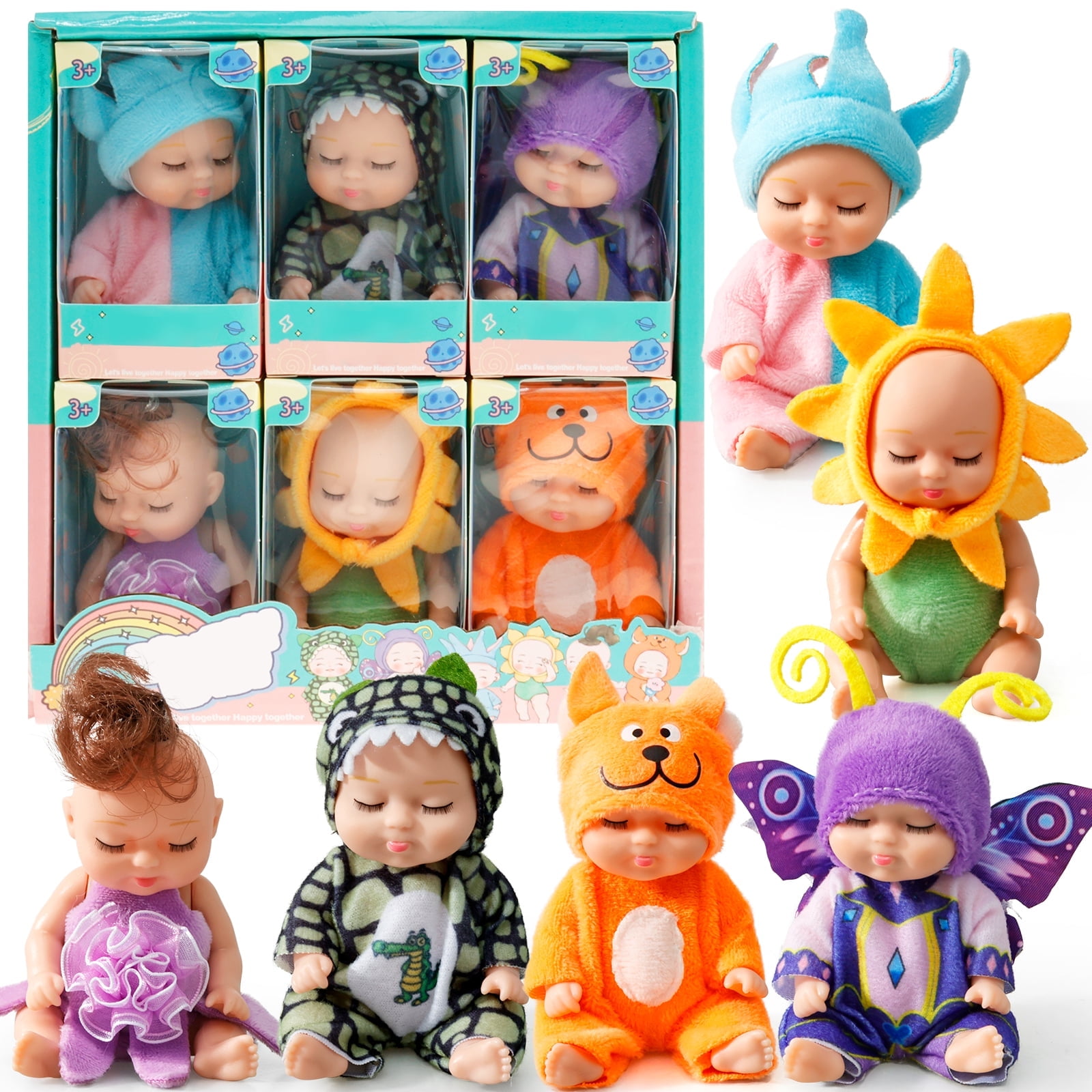 Keyohome 6Pcs Mini Baby Dolls,4" Newborn Dolls Gift Set,Cute Reborn Baby Dolls Toys for Kids 3+,with Animal Clothes