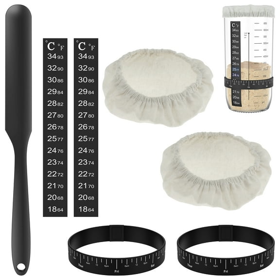 Lzvxtym 7 Pcs Sourdough Starter Kit Sourdough Starter Accessories Kit with Cloth Covers Temperature and Date Marked Feeding Bands and Scraper for 3-4 Inches Jars