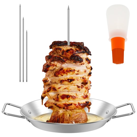 Lzvxtym Al Pastor Skewer for Grill Stainless Steel Vertical Skewer with 3 Removable Spikes 8/10/12 Inch and Oil Bottle Brush Brazilian Spit Stand Vertical Skewer Stand