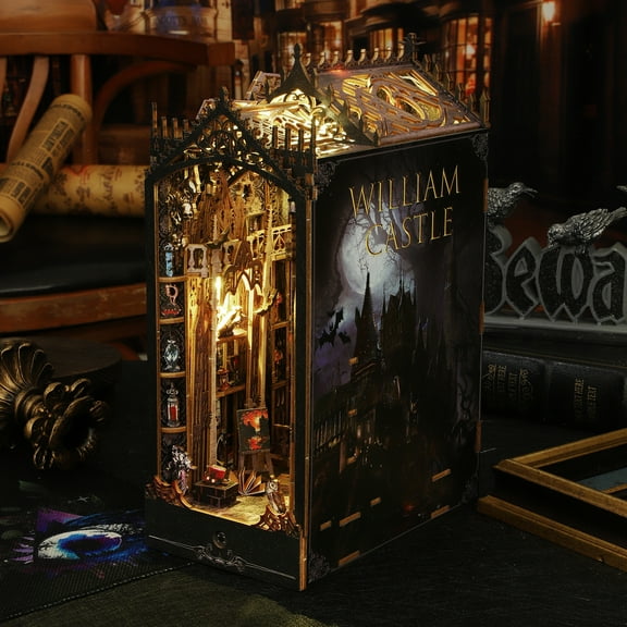 Lzvxtym DIY Book Nook Kit Exquisite 3D Wood Puzzle Booknook Pretty Bookshelf Insert Decor Alley Solid Book Nook Model with Furniture and LED Light Artistic Book Stand Model for Desktop