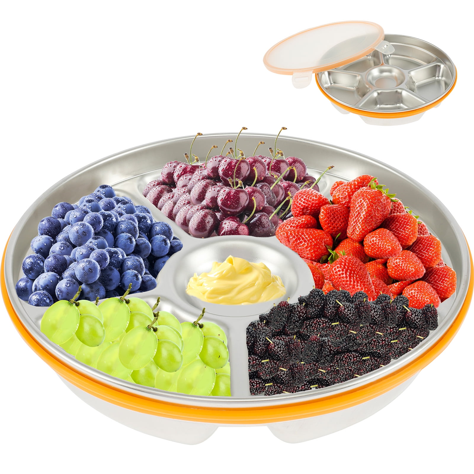 Lzvxtym Divided Serving Tray with Sealing Lid, 6 Compartment Snack Tray 201 Stainless Steel Snack Platters Organizer Temperature Resistant Food Storage Containers