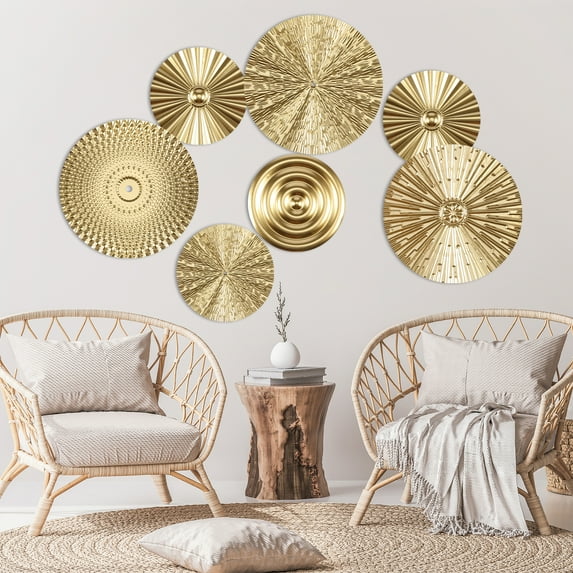 Lzvxtym Gold Wall Decor,Metal Starbursts Radial Plate Wall Art,Modern Accent Hanging Wall Decorations for Home Office Bedroom,7Pcs