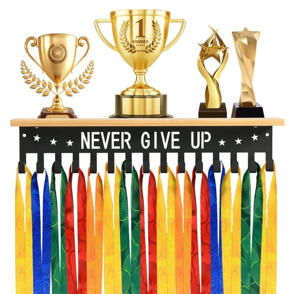 Lzvxtym Metal Medal Hanger Display, Non-Slip Trophy Shelf with 15 Hooks, Wall Mount, Heavy Duty, Non-Bent, Holds 22-33lbs, for Gymnastics, Race, Soccer, Swim