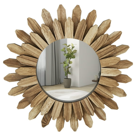 Lzvxtym Mirror Wall Décor Fashion Wood Mirror Wall Decoration Hanging Round Mirror Ornament Sunburst Mirror Art Decoration Rustic Decorative Hanging Mirror for Corridor Bedroom