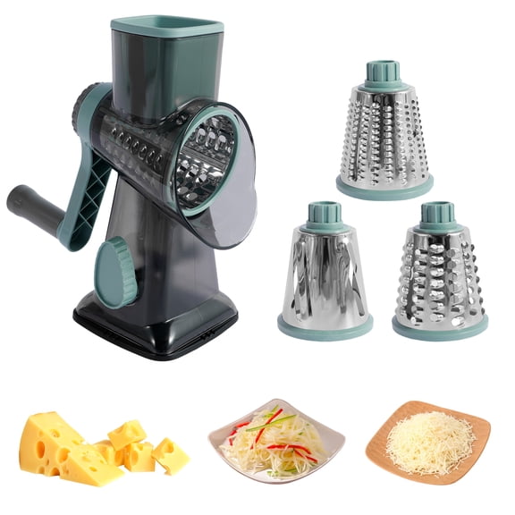 Lzvxtym Rotary Cheese Grater, Efficient Cheese Shredder Slicer with 3 Changeable Blades Manual Rotary Cheese Shredder for Cheese Potato Zucchini, Gray