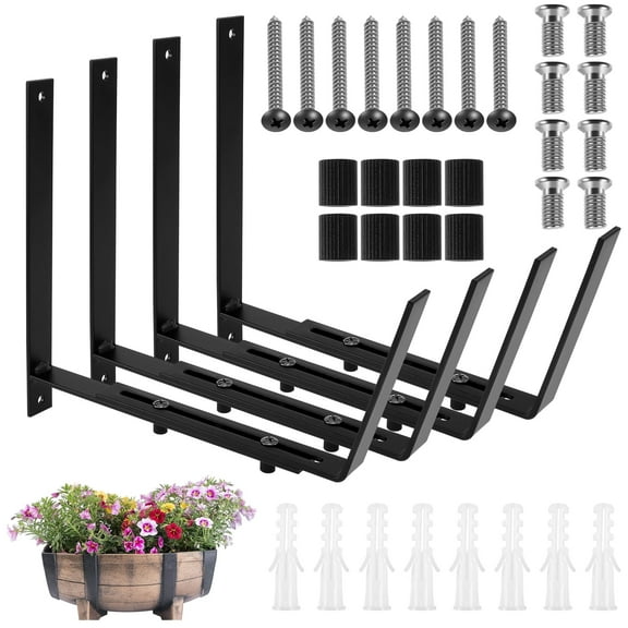 Lzvxtym Window Box Brackets, Adjustable Planter Box Brackets, Heavy Duty Iron Flower Box Brackets for Railings,Balconies, Fences, and Gardens,4 Pack,New