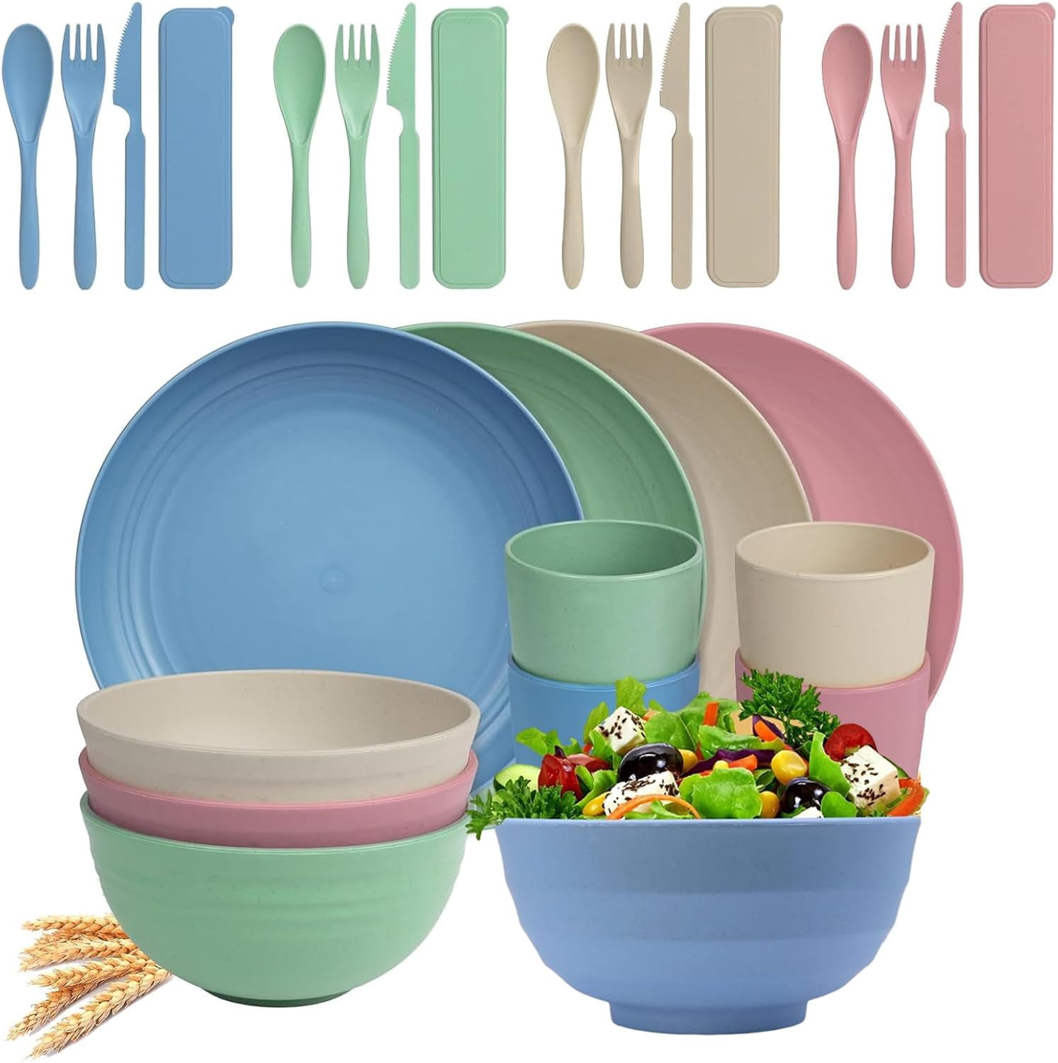 Lzyawe Dinnerware Set, 28 Piece Unbreakable Dinnerware Sets for 4,Reusable Tableware Set, Lightweight Camping Plates Cups and Bowls Set, Dishwasher Microwave Safe Dinnerware, Multicolor Set