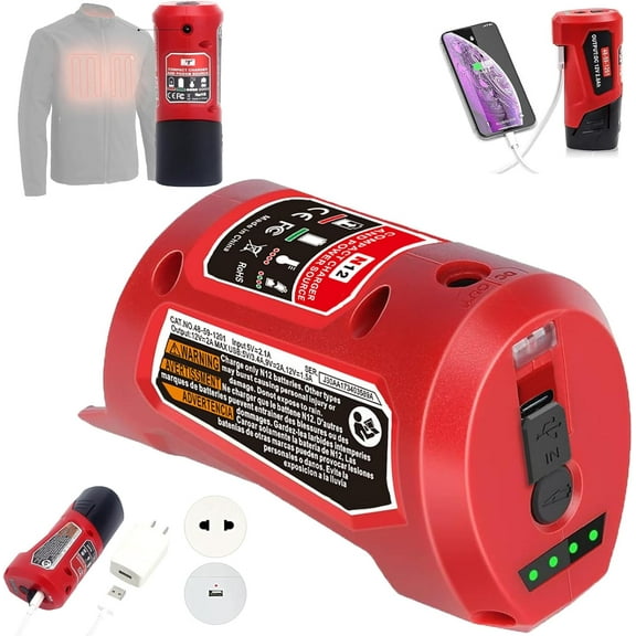 M-12 Battery Charger with Type-c Port & DC 12V OutletPower Source Replacement for Milwaukee m-12 12V Battery Adapter for Milwaukee Heated Jacket 49-24-2310 Compatible with 48-11-2420 48-11-2411