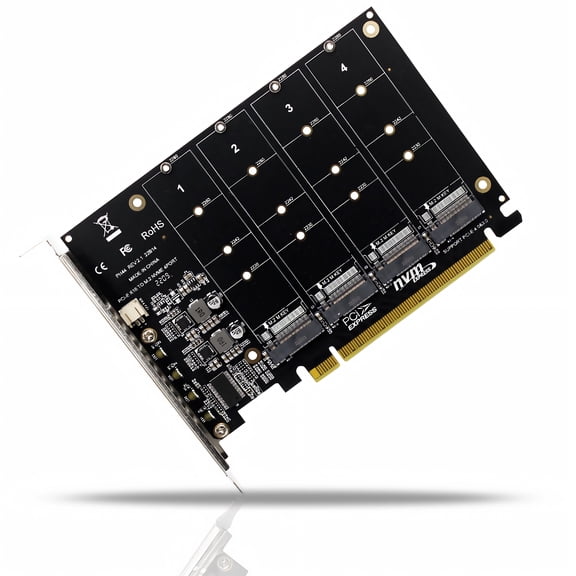 M.2 PCIE NVME Adapter Card, 4 x 64Gbps, 4 Port M.2 NVMe SSD to PCIE X16 M Key Hard Drive Converter Reader Expansion Card PC Internal Expansion Card