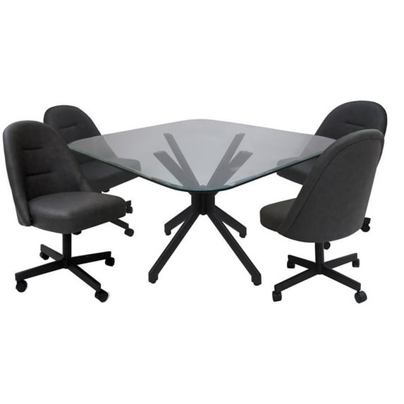 M-235 Dinette Swivel Metal Caster Chairs - Clear Glass - Grey Vinyl - Black