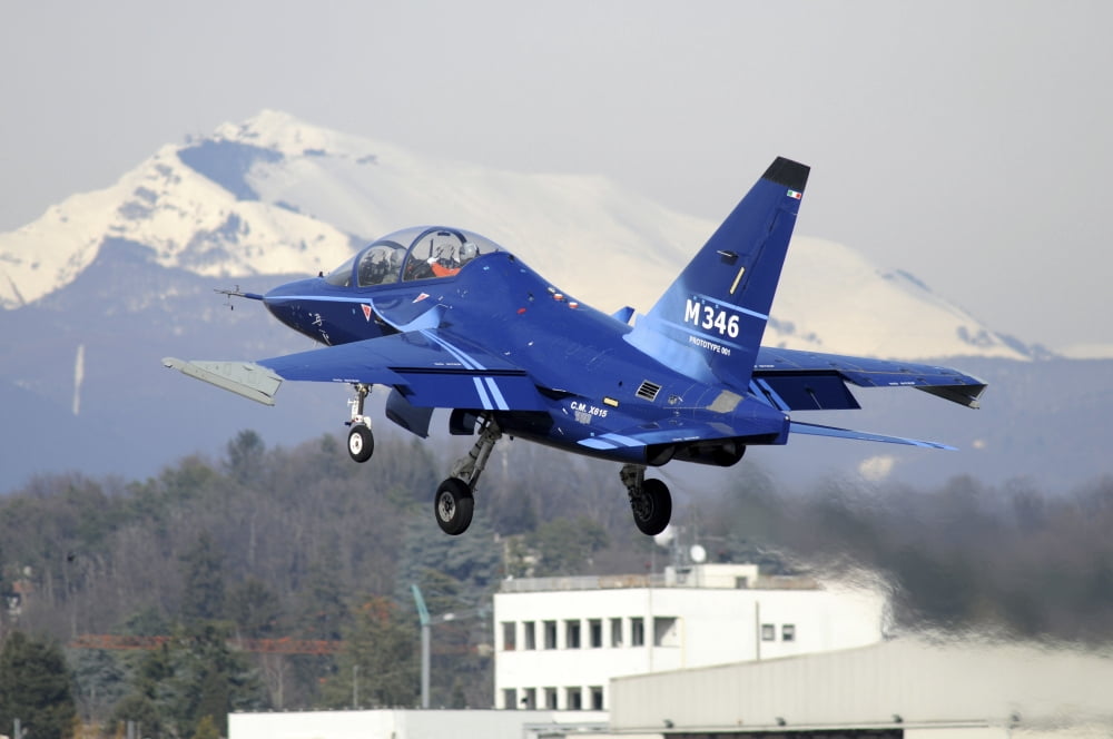 M-346 Master first prototype taking off from Venegono Airport Italy Canvas Art - Riccardo NiccoliStocktrek Images (34 x 23)
