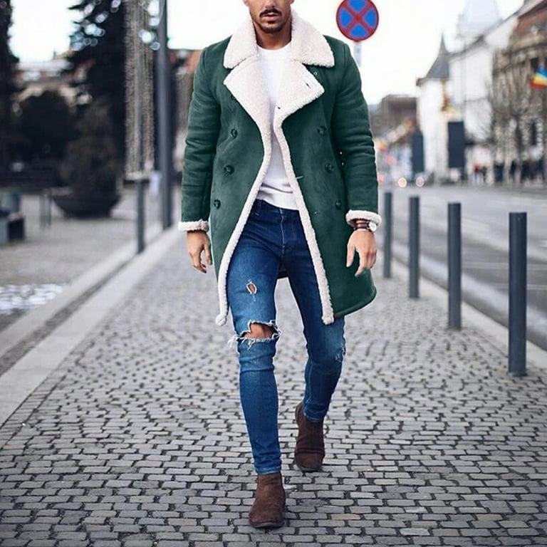 Men's Casual Coat Lapel Jacket Denim Warm Fur Collar Fleece Lined Winter  Jacket