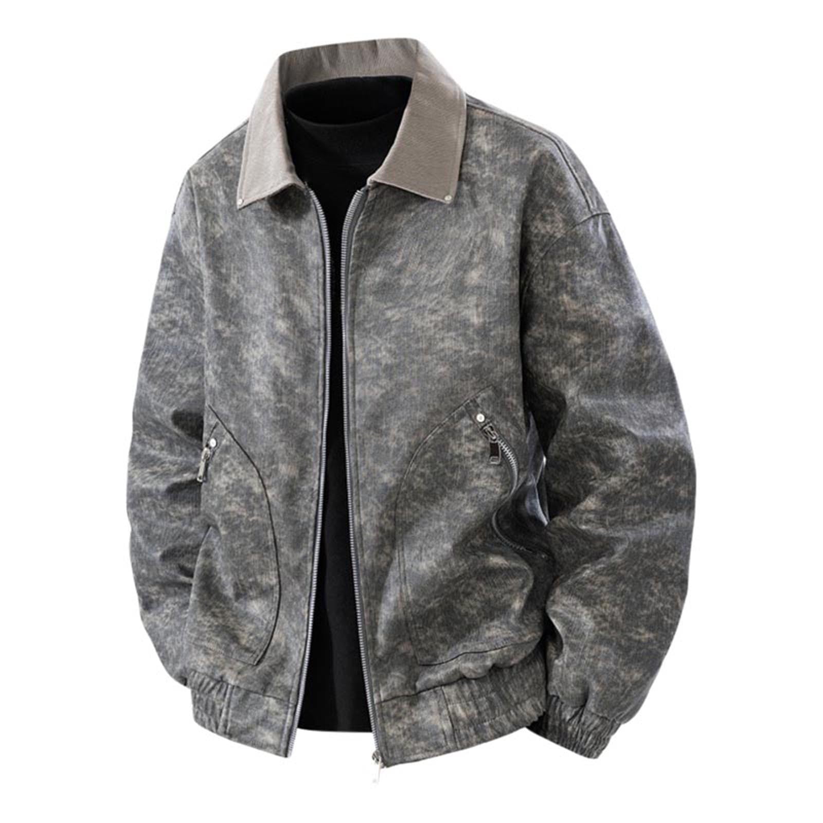 M-4X Big & Tall Mens PU-Leather Jackets with Pockets Plus Size Vintage Coats Trendy Long Sleeve Zip Up Collared Solid Motorcycle Outerwear Jacket