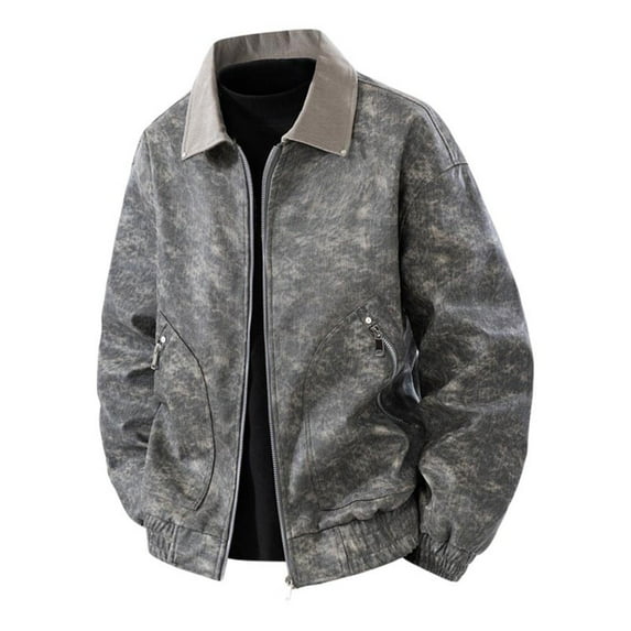 M-4X Big & Tall Mens PU-Leather Jackets with Pockets Plus Size Vintage Coats Trendy Long Sleeve Zip Up Collared Solid Motorcycle Outerwear Jacket