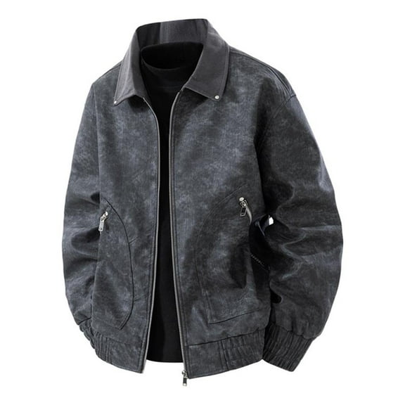 M-4X Big & Tall Mens PU-Leather Jackets with Pockets Plus Size Vintage Coats Trendy Long Sleeve Zip Up Collared Solid Motorcycle Outerwear Jacket