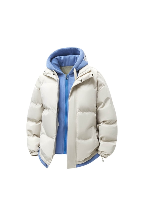 M-4X Big & Tall Quilted Jackets for Men Plus Size Fake-Two-Piece Coats with Pockets and Hoodie Long Sleeve Zip Up Color Block Thermal Puffer Jacket