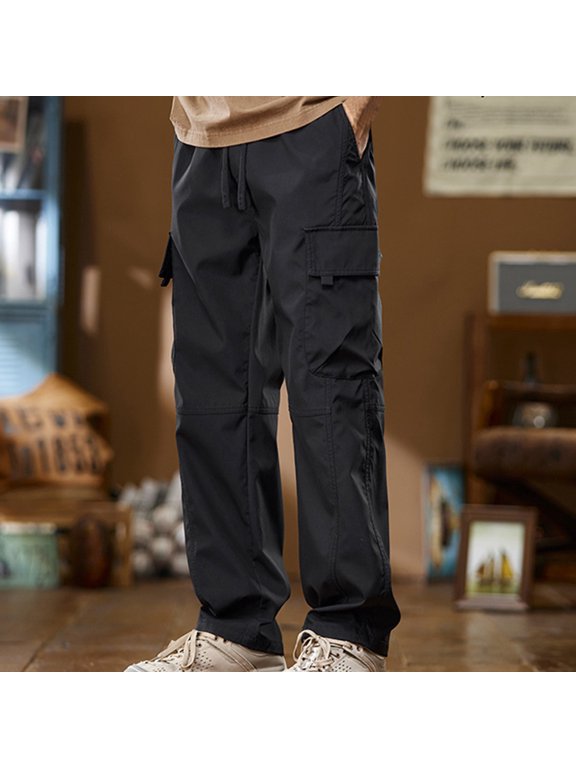M-4X Mens Big and Tall Cargo Pants with Multi-Pockets Plus Size Straight Leg Work Trousers Drawstring Elastic Waist Solid Hiking Pant