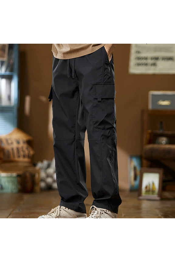 M-4X Mens Big and Tall Cargo Pants with Multi-Pockets Plus Size Straight Leg Work Trousers Drawstring Elastic Waist Solid Hiking Pant