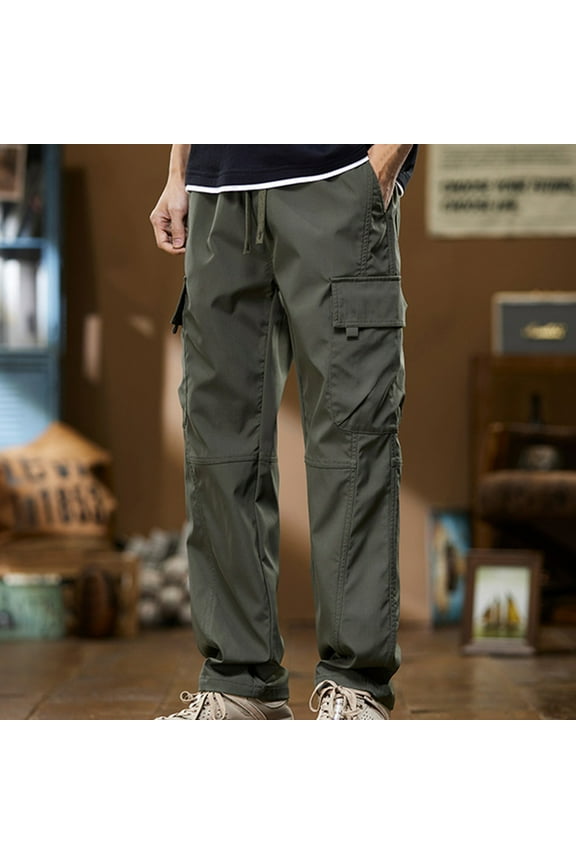 M-4X Mens Big and Tall Cargo Pants with Multi-Pockets Plus Size Straight Leg Work Trousers Drawstring Elastic Waist Solid Hiking Pant