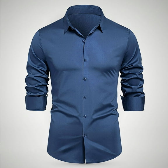M-4X Plus Size Dress Shirts for Men Long Sleeve Big & Tall Slim-Fit T-Shirts Mens Formal Solid Color Button-Down Collared Business Work Tops