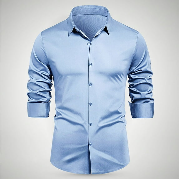 M-4X Plus Size Dress Shirts for Men Long Sleeve Big & Tall Slim-Fit T-Shirts Mens Formal Solid Color Button-Down Collared Business Work Tops