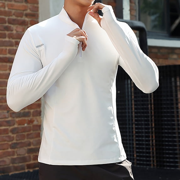 M-4X Plus Size Gym T Shirts for Men Long Sleeve Big & Tall Slim-Fit T-Shirts with Zipper Mock Neck Stretchy Pullover Solid Athletic Workout Tops