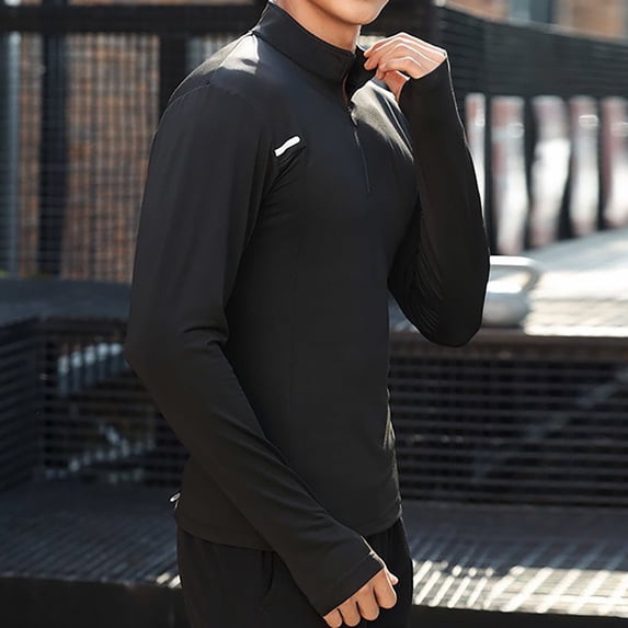 M-4X Plus Size Gym T Shirts for Men Long Sleeve Big & Tall Slim-Fit T-Shirts with Zipper Mock Neck Stretchy Pullover Solid Athletic Workout Tops