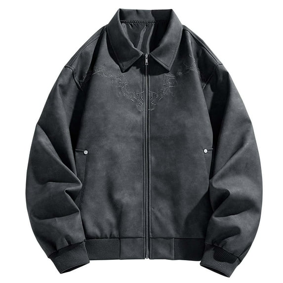 M-4X Plus Size Leather Jackets for Men Zip Up Coats with Pockets and Collared Long Sleeve Trendy Embroidery Solid Color Motorcycle Jacket & Coat