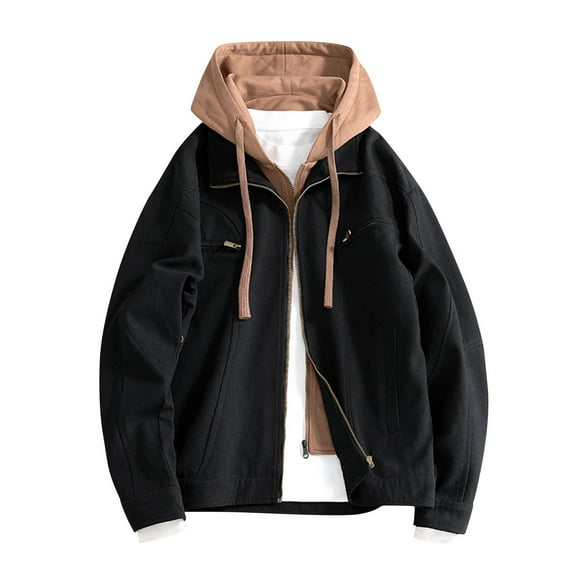 M-4X Plus Size Mens Big & Tall Jackets with Pockets and Hood Zip Up Coats Fake-Two-Piece Color Block Long Sleeve Workout Outerwear Jacket