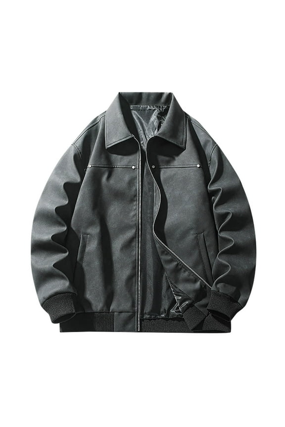 M-4X Plus Size Mens PU-Leather Jackets with Pockets Big & Tall Zip-Up Coats Trendy Long Sleeve Solid Vintage Streetwear Motorcycle Outerwear Jacket