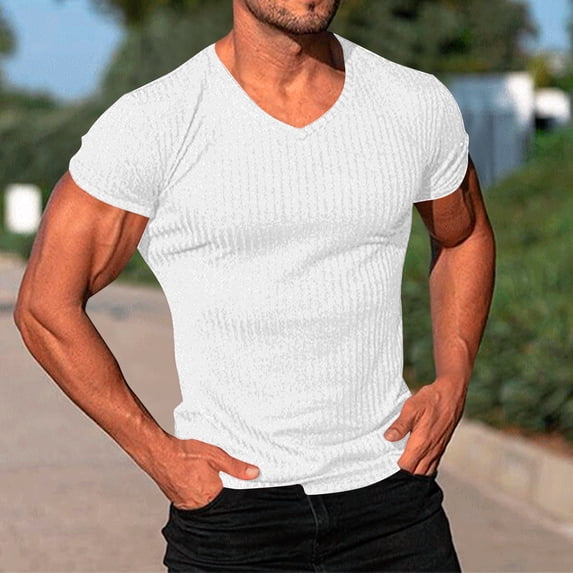 M-4X Plus Size T Shirts for Men Short Sleeve Big & Tall Stretchy Slim V Neck Tees Tops Mens Casual Solid Color Pullover Basic Workout Tshirts Shirt