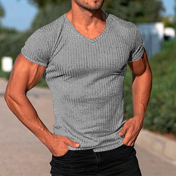 M-4X Plus Size T Shirts for Men Short Sleeve Big & Tall Stretchy Slim V Neck Tees Tops Mens Casual Solid Color Pullover Basic Workout Tshirts Shirt