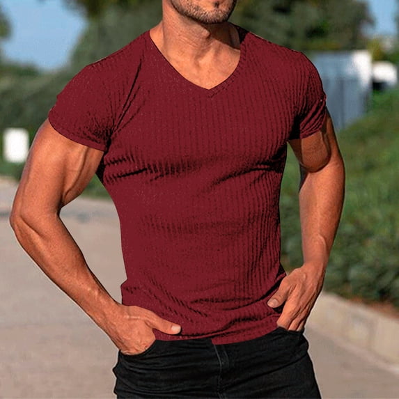 M-4X Plus Size T Shirts for Men Short Sleeve V Neck Tees Tops Mens Trendy Solid Color Stretchy Slim Pullover Breathable Streetwear Tshirts Shirt