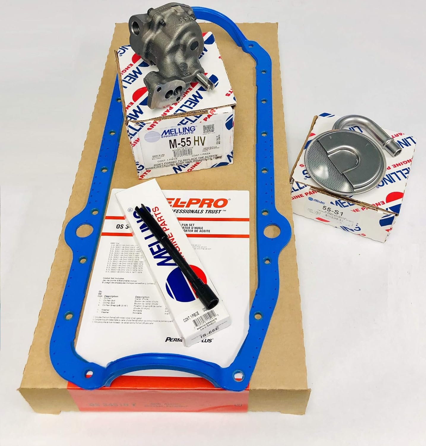 M55HV SBC Chevy High Volume Oil Pump, Oil Pump Stud, Pick Up Screen, Steel Rod & 1Pc Rubber
