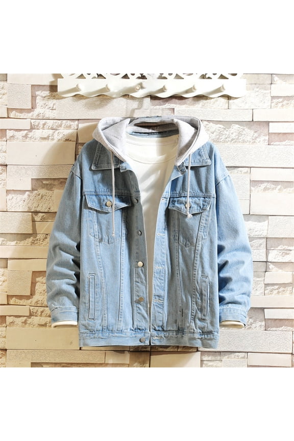 M-5X Big & Tall Denim Jackets for Men with Pockets and Hooded Plus Size Coats Button-Down Long Sleeve Solid Streetwear Motorcycle Outerwear Jacket