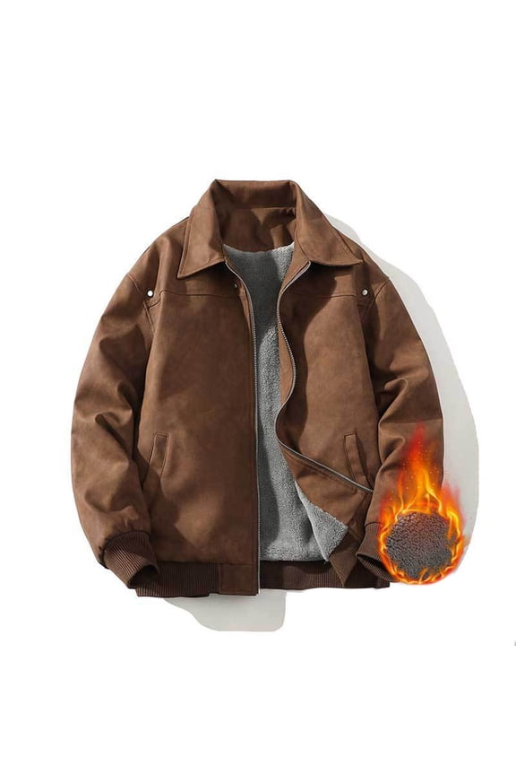 M-5X Big & Tall Leather Jackets for Men Plus Size Zip Up Fleece Lined Coats Mens Trendy Solid Color Long Sleeve Collared Thermal Jacket with Pocket