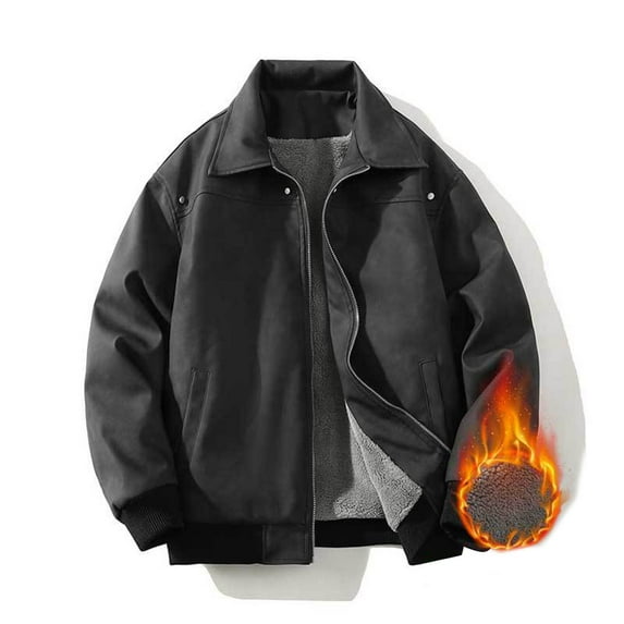 M-5X Big & Tall Leather Jackets for Men Plus Size Zip Up Fleece Lined Coats Mens Trendy Solid Color Long Sleeve Collared Thermal Jacket with Pocket