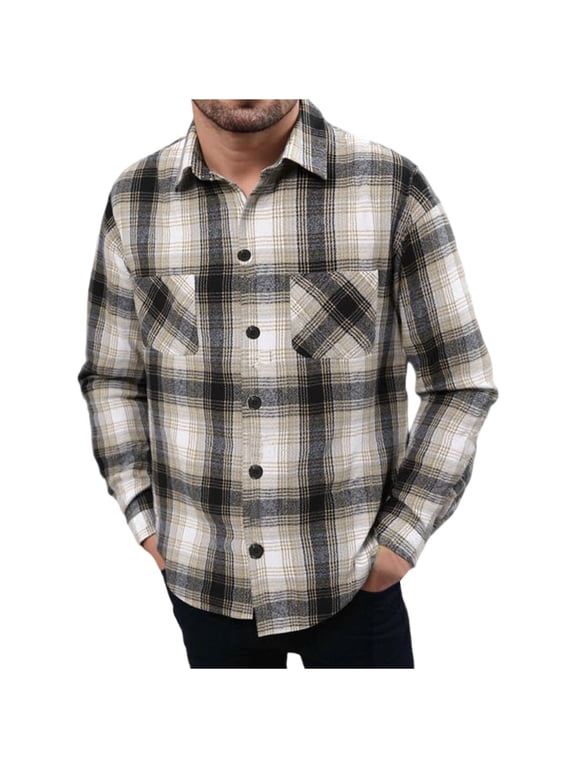 M-5X Big & Tall Wool Shirts for Men with Pockets Plus Size Button-Down Shackets Shirt Mens Trendy Plaid Printed Long Sleeve Collared Work Tops