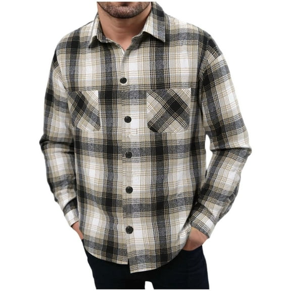 M-5X Big & Tall Wool Shirts for Men with Pockets Plus Size Button-Down Shackets Shirt Mens Trendy Plaid Printed Long Sleeve Collared Work Tops