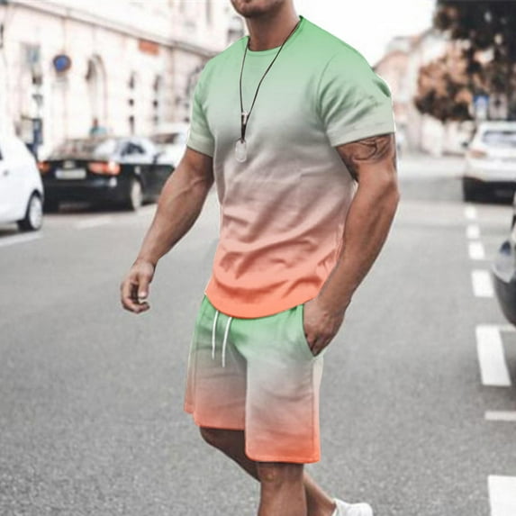 M-5X Mens Big & Tall 2 Piece Outfits Sets with Pockets Plus Size Workout Tracksuits Casual Gradient Printed Short Sleeve T-Shirts and Shorts