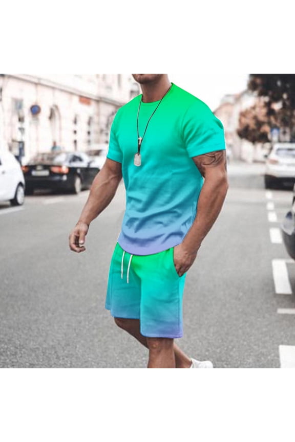 M-5X Mens Big & Tall 2 Piece Outfits Sets with Pockets Plus Size Workout Tracksuits Casual Gradient Printed Short Sleeve T-Shirts and Shorts